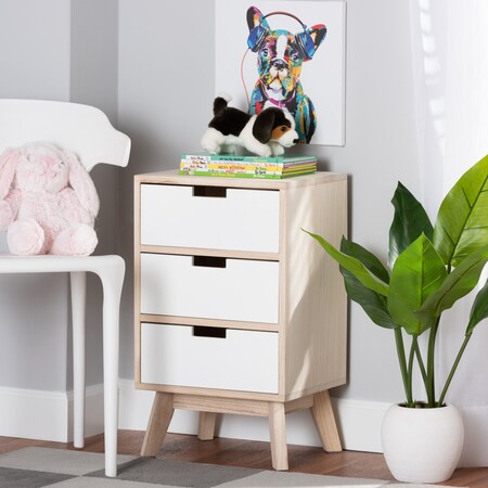 Baxton Studio Halian Mid-Century Two-Tone White and Light Brown Finished Wood 3-Drawer Nightstand 200-12252-ZORO